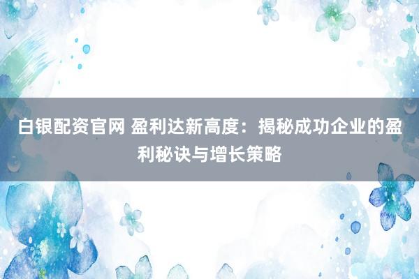 白银配资官网 盈利达新高度:揭秘成功企业的盈利秘诀与增长策略